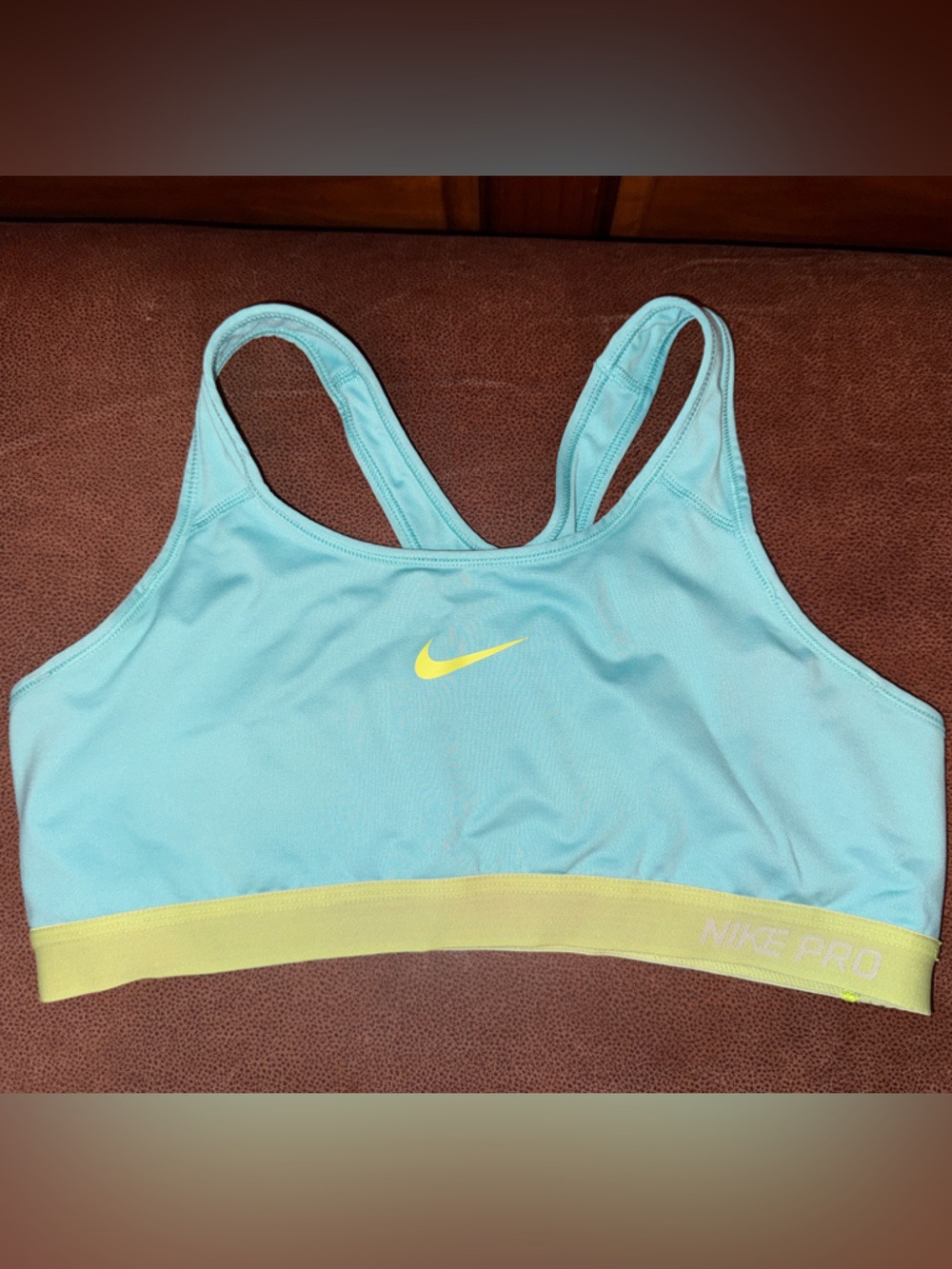 Nike Pro Women's Light Blue Sports Bra with Yellow Trim